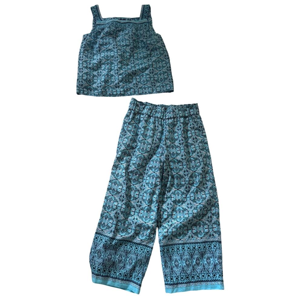 Talbots Petite Small 100% Linen Tank & Nantucket Wide Leg Cropped Pant Set Blue